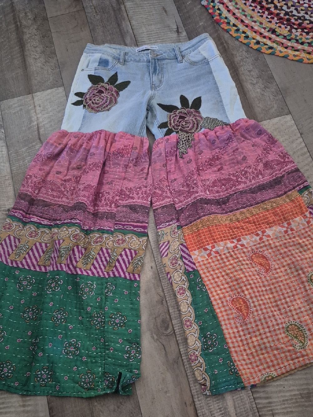 Custom High Quality Denium Bohemian Floral Patchwork Wide-Leg Kantha Pants L - Picture 7 of 8